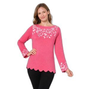 Susan Graver Weekend As Is Boat Neck Jacquard Pink Floral Scalloped Sweater XL